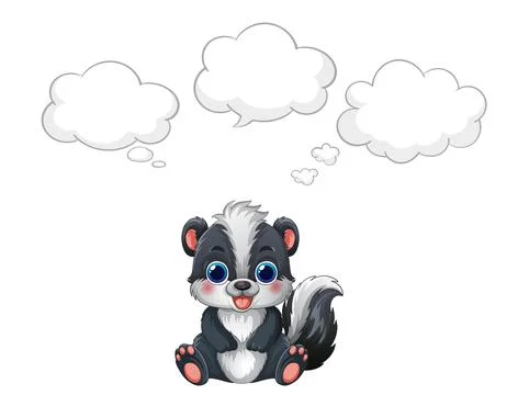 Cute Cartoon Skunk Sitting with Three Empty Thought Bubbles Stock Illustration