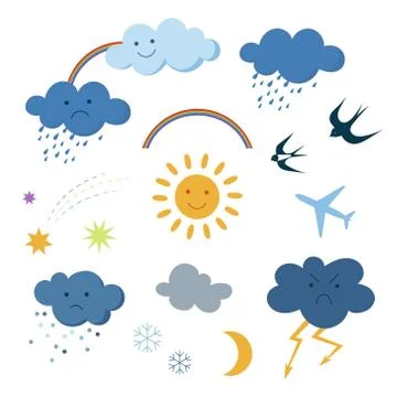 Cute cartoon sky objects weather symbols set clipart Stock Illustration