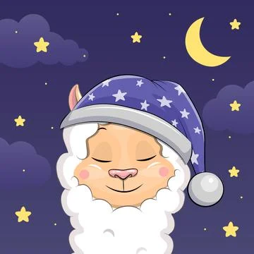 Cute cartoon sleeping alpaca in nightcap. Stockillustratie