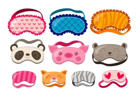 Cute cartoon sleeping mask set collection with animal face, panda, pig, cat.. Stock Illustration