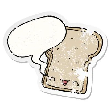 Cute cartoon slice of bread and speech bubble distressed sticker イラスト素材