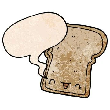 Cute cartoon slice of bread and speech bubble in retro texture style Illustrazione stock
