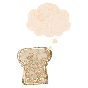 Cute cartoon slice of bread and thought bubble in retro textured style Illustrazione stock