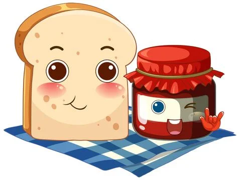 Cute Cartoon Slice of Bread and Jam Jar on Picnic Cloth Ilustração Stock