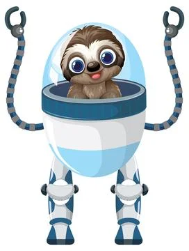 Cute Cartoon Sloth Character Operating a Futuristic Bipedal Robot Suit Stock Illustration