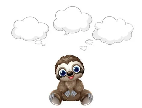 Cute Cartoon Sloth Character Thinking with Blank White Speech Bubbles Ilustração Stock
