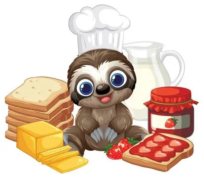 Cute Cartoon Sloth Chef with Breakfast Bread Jam and Milk Stock Illustration