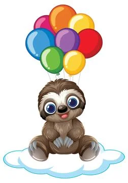 Cute Cartoon Sloth Floating on Cloud with Colorful Balloons Stock Illustration