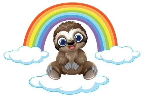 Cute Cartoon Sloth Sitting on Cloud with Colorful Rainbow Background Stock Illustration