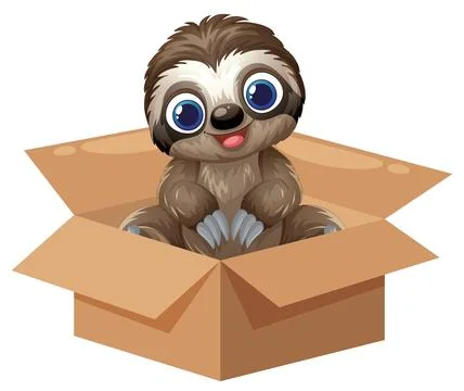 Cute Cartoon Sloth Sitting Inside an Open Cardboard Box 스톡 일러스트