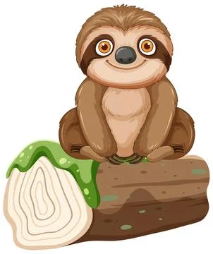 Cute Cartoon Sloth Sitting on a Log Vector Illustration Stock Illustration