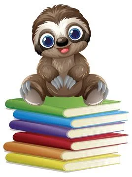 Cute Cartoon Sloth Sitting on a Stack of Colorful Books Stockillustratie