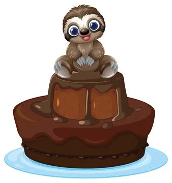 Cute Cartoon Sloth Sitting on Top of a Tiered Chocolate Cake Stock Illustration