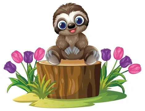 Cute Cartoon Sloth Sitting on a Tree Stump with Tulips Stock Illustration