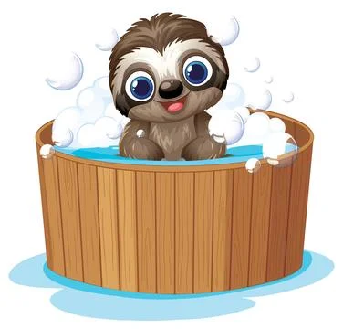Cute Cartoon Sloth Taking a Bubble Bath in a Wooden Tub Stock Illustration