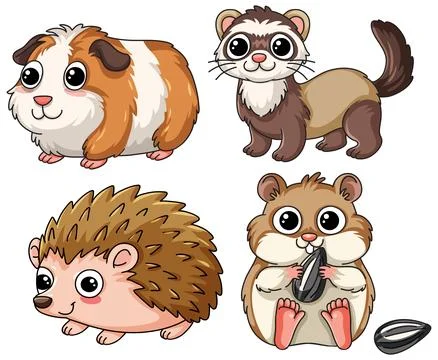 Cute Cartoon Small Pets Collection with Guinea Pig Ferret Hedgehog and Hamste Stock Illustration