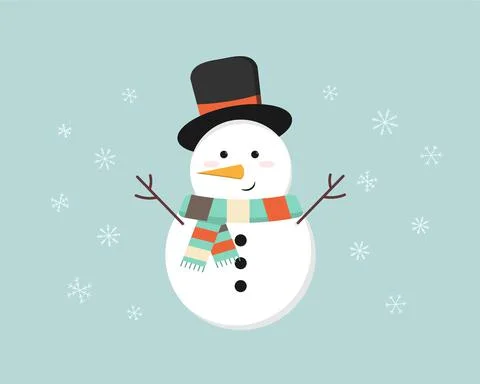 Cute cartoon snowman in hat and scarf Stock Illustration