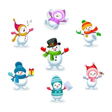 Cute cartoon Snowmen set. Vector illustration isolated on white background Stock Illustration