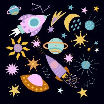 Cute cartoon space illustration, in vector graphics, on a black background Stock Illustration