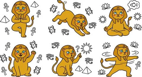 Cute Cartoon Sphinx Character in Various Poses with Egyptian Symbols. Stock Illustration