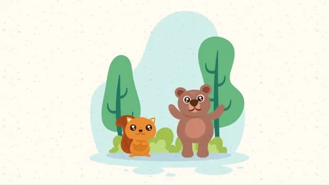 Cute cartoon squirrel and bear standing in forest landscape with green tree.. 스톡 동영상 339115132
