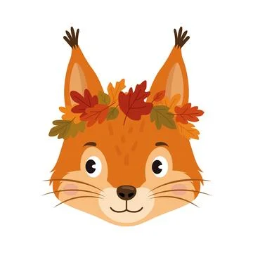 Cute cartoon squirrel face with tufted ears and autumn leaf wreath Ilustración de archivo