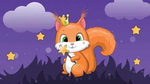 Cute cartoon squirrel with a magic wand and crown. Stock Footage 314314533
