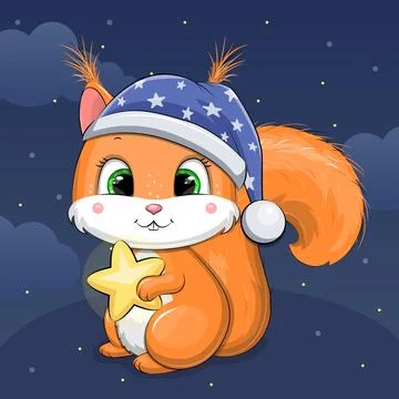 Cute cartoon Squirrel with nightcap and shining star. Illustrazione stock