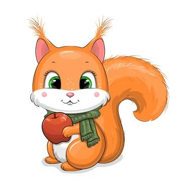 Cute cartoon Squirrel with red apple and green scarf. Stock Illustration