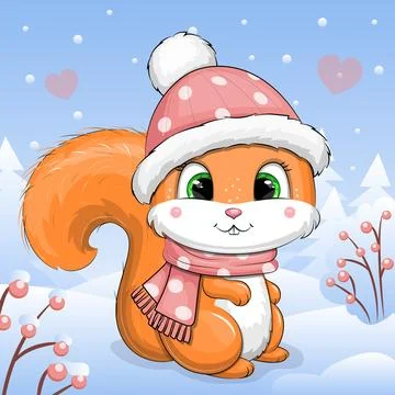 Cute cartoon Squirrel in winter. 库存插图