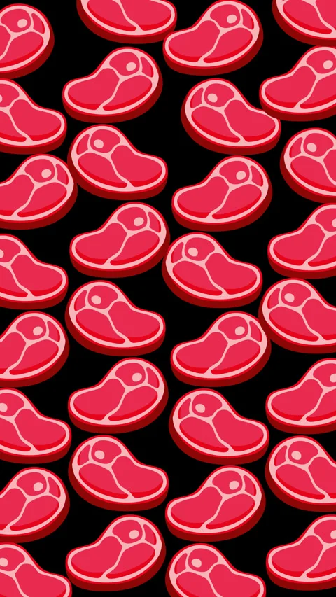 Cute Cartoon Steak Seamless Pattern Pink Red Meat Illustration on Black Back Stock Footage 347940076