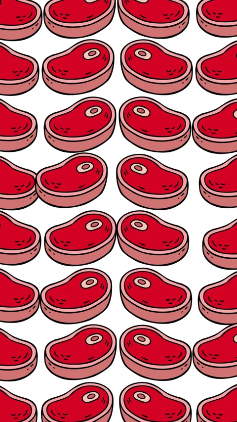 Cute Cartoon Steak Seamless Pattern Red Meat Food Illustration Background Stock Footage 347941456