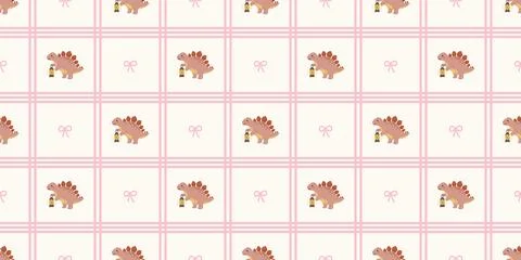 Cute cartoon stegosaurus dinosaur pattern with pink grid and bows Stock Illustration