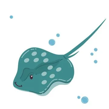 Cute cartoon stingray in flat style isolated on white background. Happy sea.. Stock Illustration