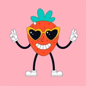 Cute cartoon strawberry character with retro glasses. Hippie, psychedelic Stock Illustration
