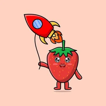Cute cartoon strawberry floating with rocket Stock Illustration