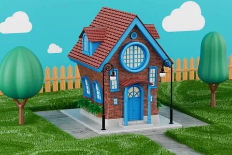 Cute Cartoon Stylized Red Brick House in Green Grass Garden. 3d Rendering Ilustración de archivo