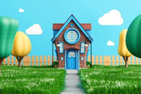 Cute Cartoon Stylized Red Brick House in Green Grass Garden. 3d Rendering Ilustración de archivo