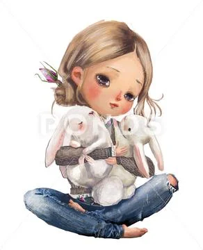 Cute cartoon summer girl with little hares Stock Illustration