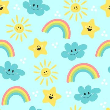 Cute cartoon sun, rainbow, cloud and star - seamless pattern background. Stock Illustration