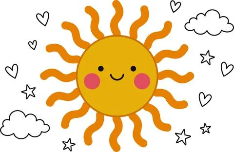 Cute Cartoon Sun with Wavy Rays and Doodle Elements. Stock Illustration