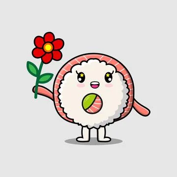 Cute cartoon sushi character holding red flower Stock Illustration