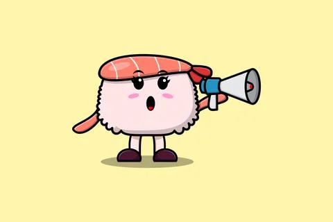 Cute Cartoon Sushi shrimp speak with megaphone Stock Illustration