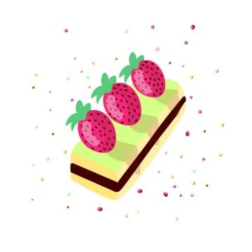 Cute cartoon sweet cake vector illustration. Colorful cake icon with strawberry Stock Illustration