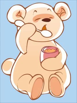Cute cartoon Teddy bear eats honey with a spoon Stock Illustration