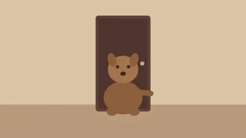 A cute cartoon teddy bear standing in front of a closed brown door. Stock Footage 333778486