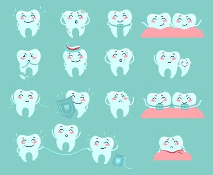 Cute cartoon teeth. Dentistry problems and treat Stock Illustration