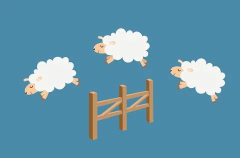 Cute cartoon three sheep jumping over fence. Counting sheep to fall asleep. Good Stock Illustration
