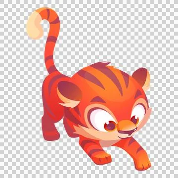 Cute cartoon tiger cub pouncing on a transparent background. Ilustração Stock