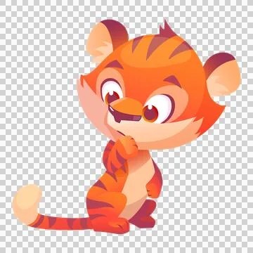Cute cartoon tiger cub thinking on a transparent background. 스톡 일러스트